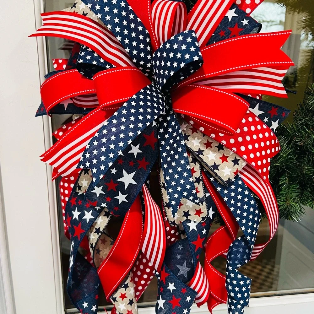 XL Patriotic Red, Navy & White Ribbon Bow Wreath Accent Handmade